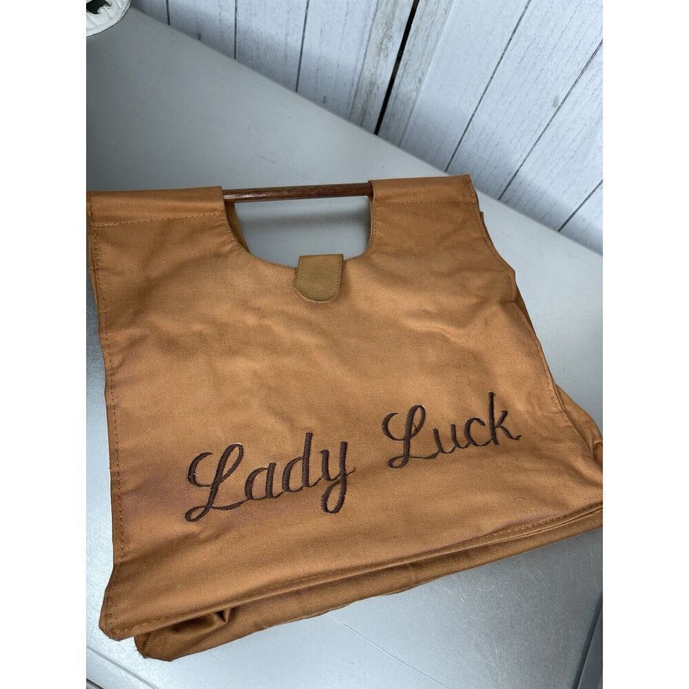 Vintage Lady Luck Wooden Top Handle Tote Burnt Orange Embroidered *READ*